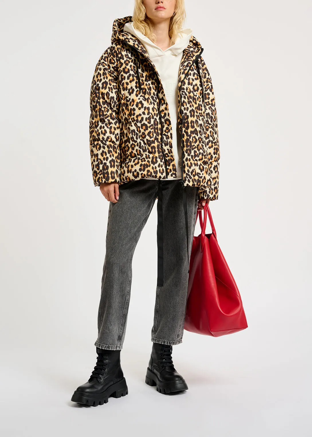 Leopard-print hooded puffer jacket