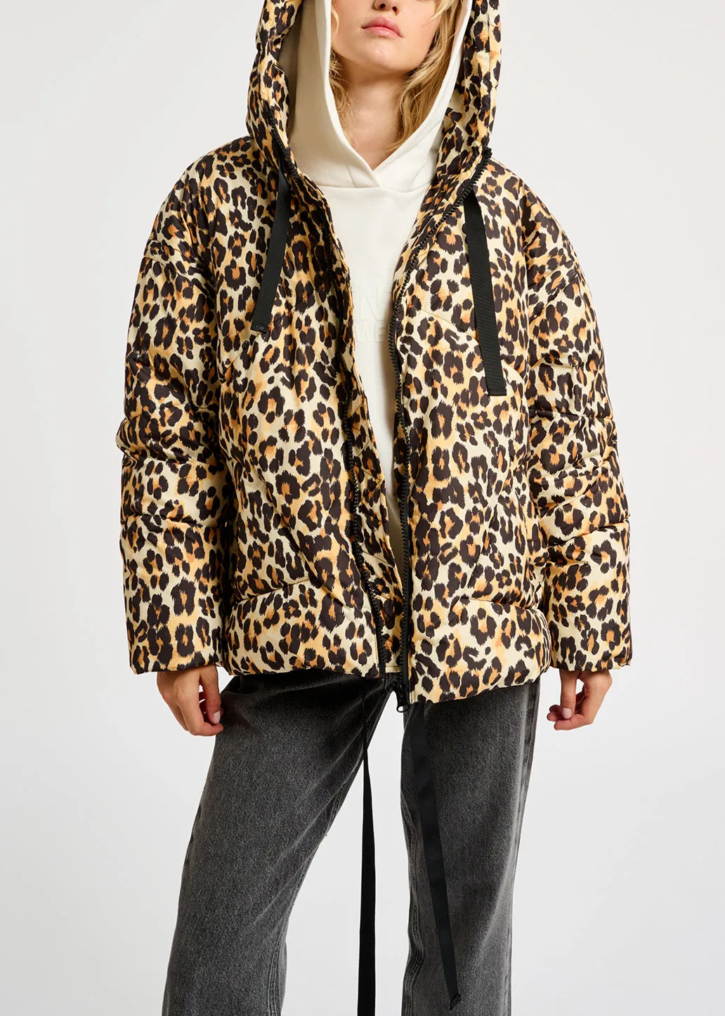 Leopard-print hooded puffer jacket