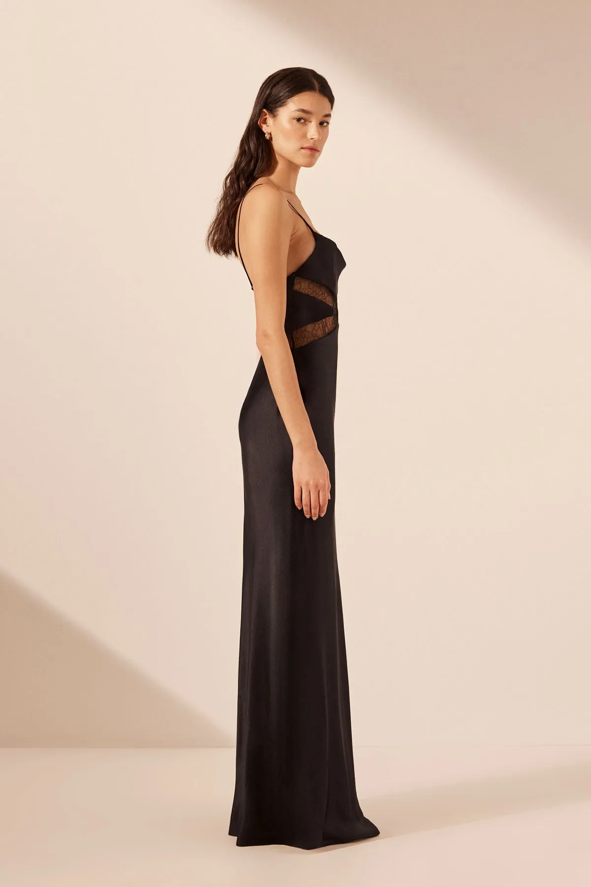 LETICIA SILK COWL NECK LACE MAXI DRESS - BLACK