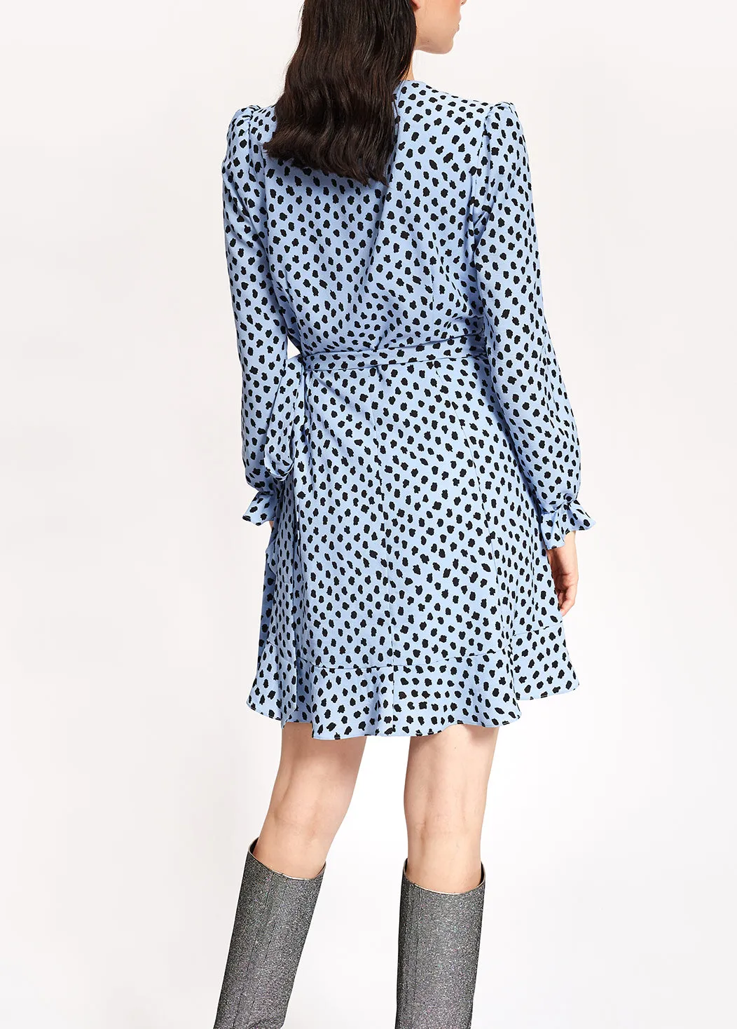 Light blue polka dot wrap mini dress