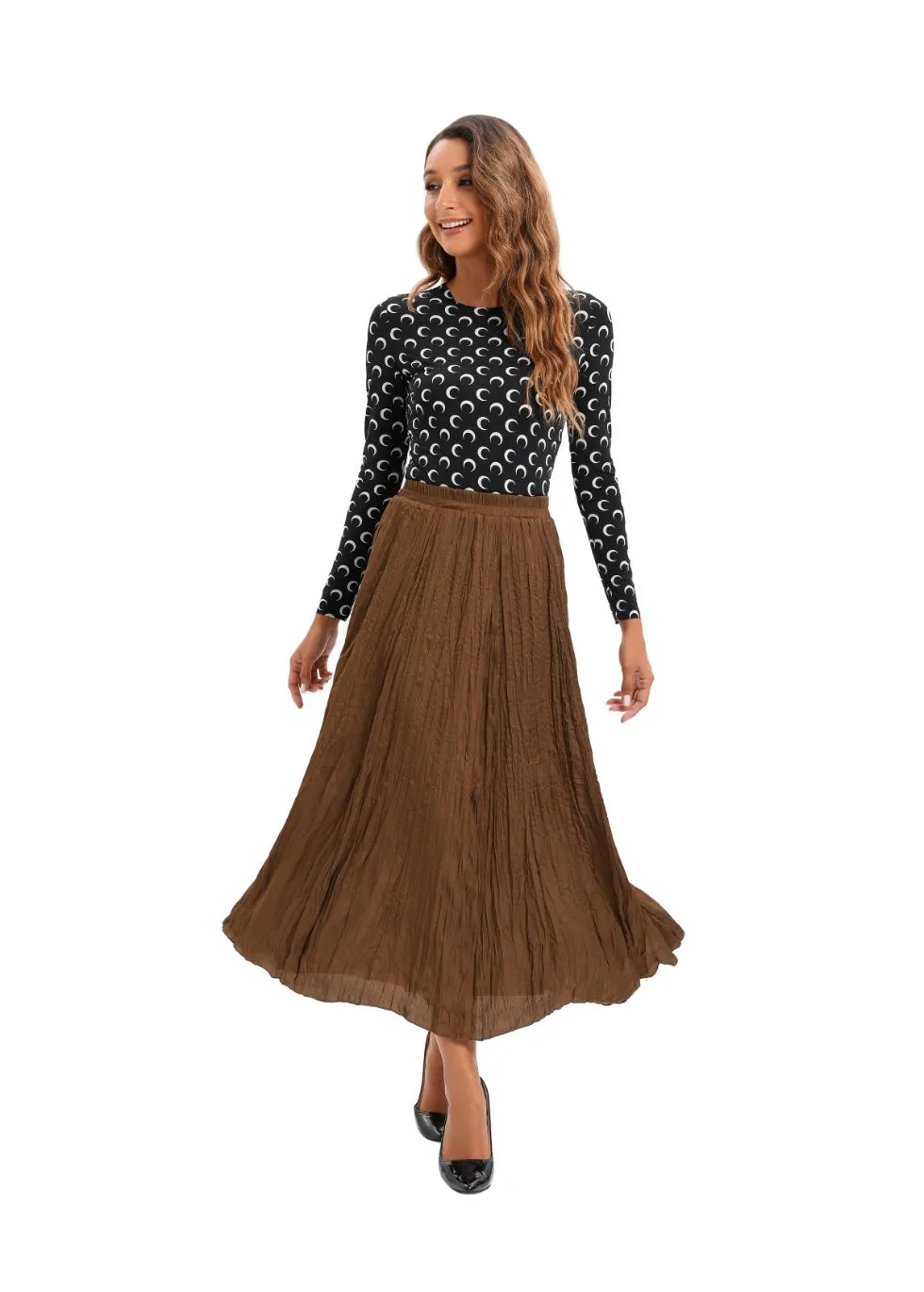 Lightweight Wrinkle Midi Skirt (One Size)