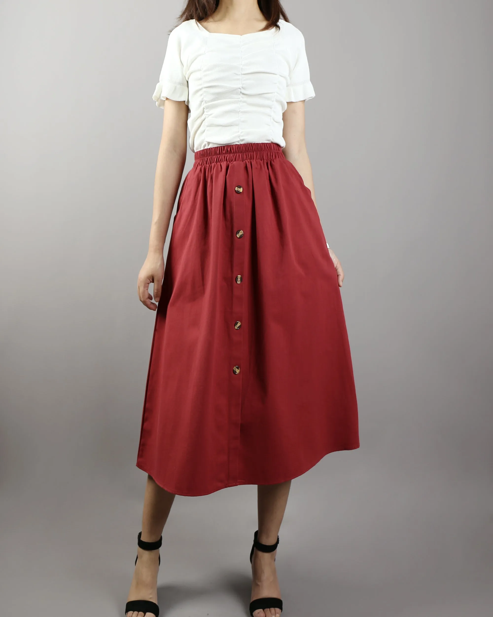 Linen skirt/Midi skirt/A-line skirt/summer skirt/elastic waist skirt/high waist skirt/skirt with pockets (Q0001)