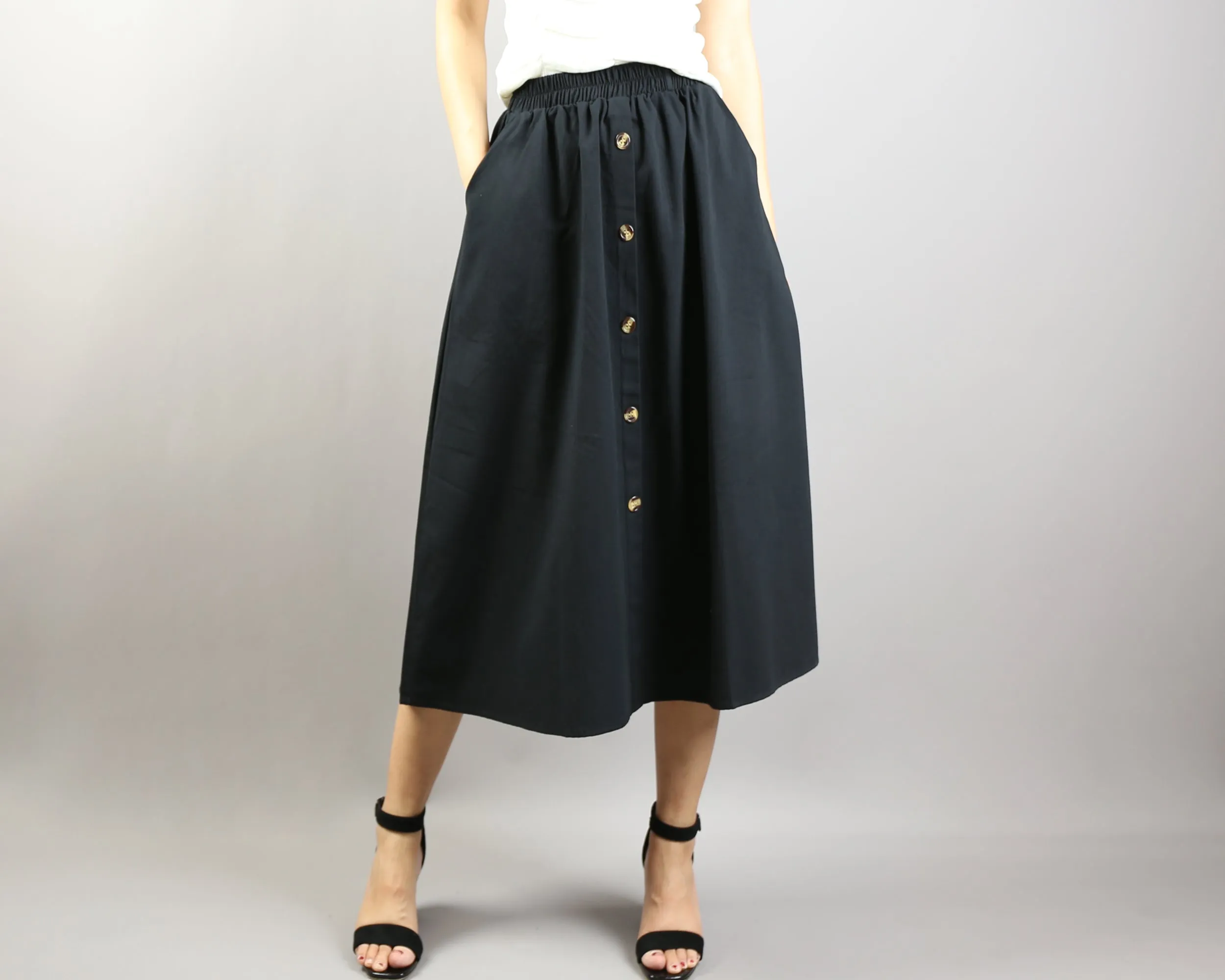 Linen skirt/Midi skirt/A-line skirt/summer skirt/elastic waist skirt/high waist skirt/skirt with pockets (Q0001)