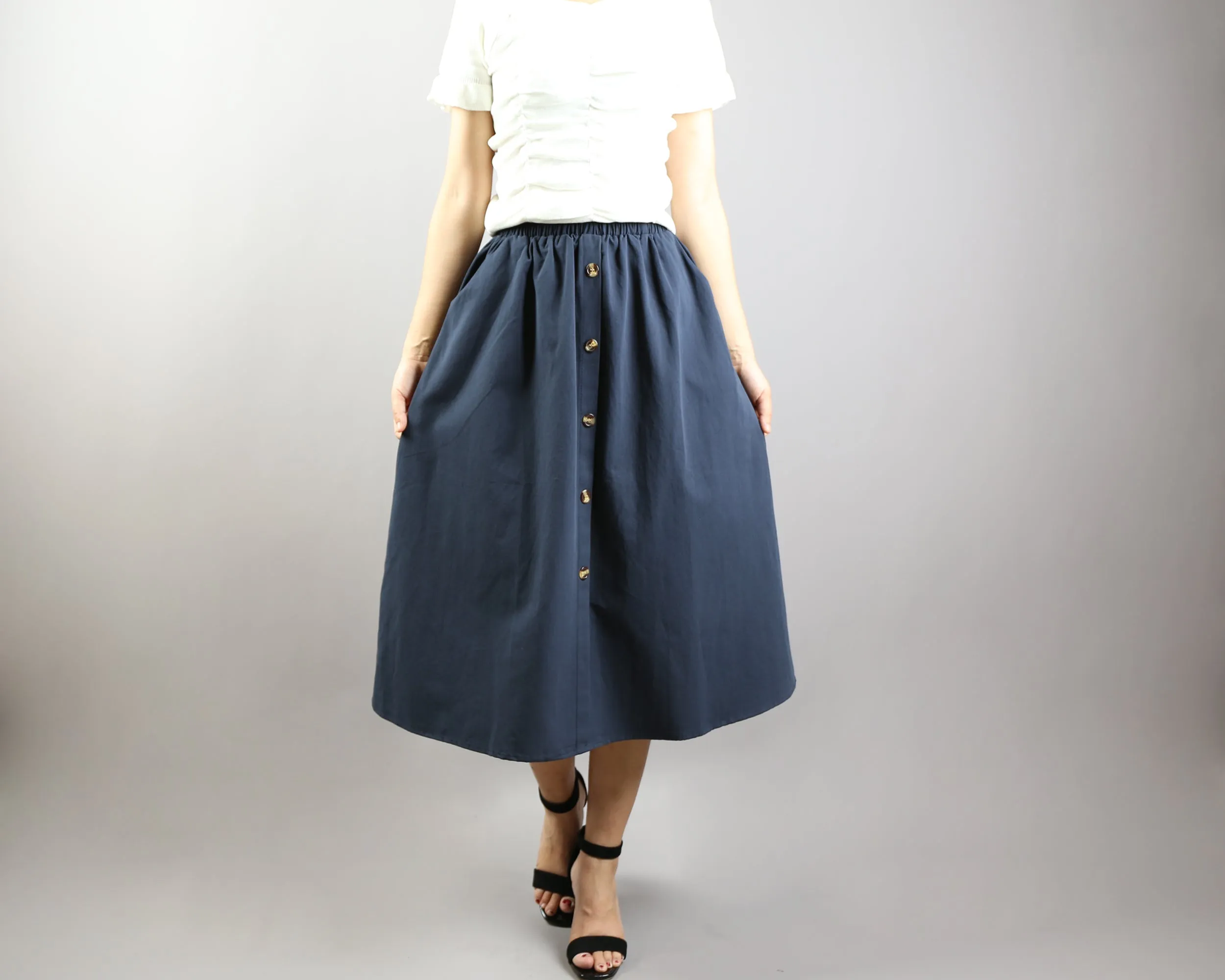 Linen skirt/Midi skirt/A-line skirt/summer skirt/elastic waist skirt/high waist skirt/skirt with pockets (Q0001)