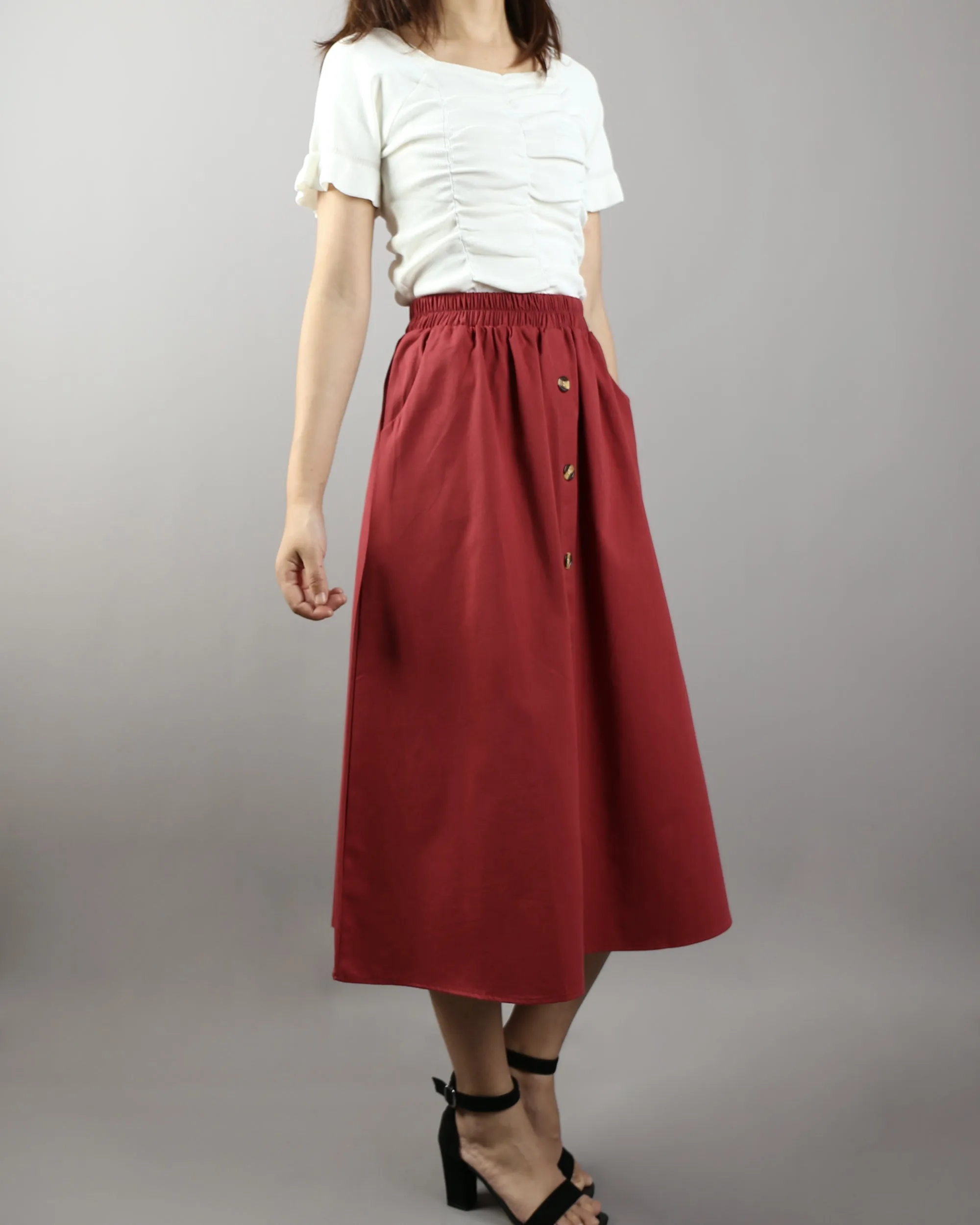 Linen skirt/Midi skirt/A-line skirt/summer skirt/elastic waist skirt/high waist skirt/skirt with pockets (Q0001)