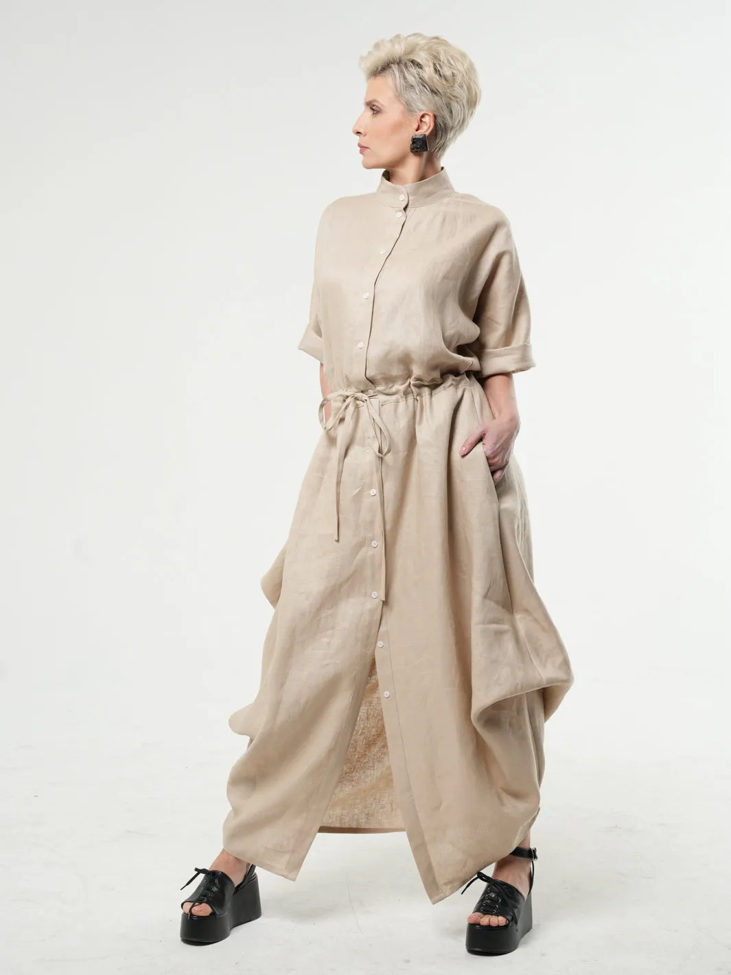 Long Linen Shirt Dress In Beige