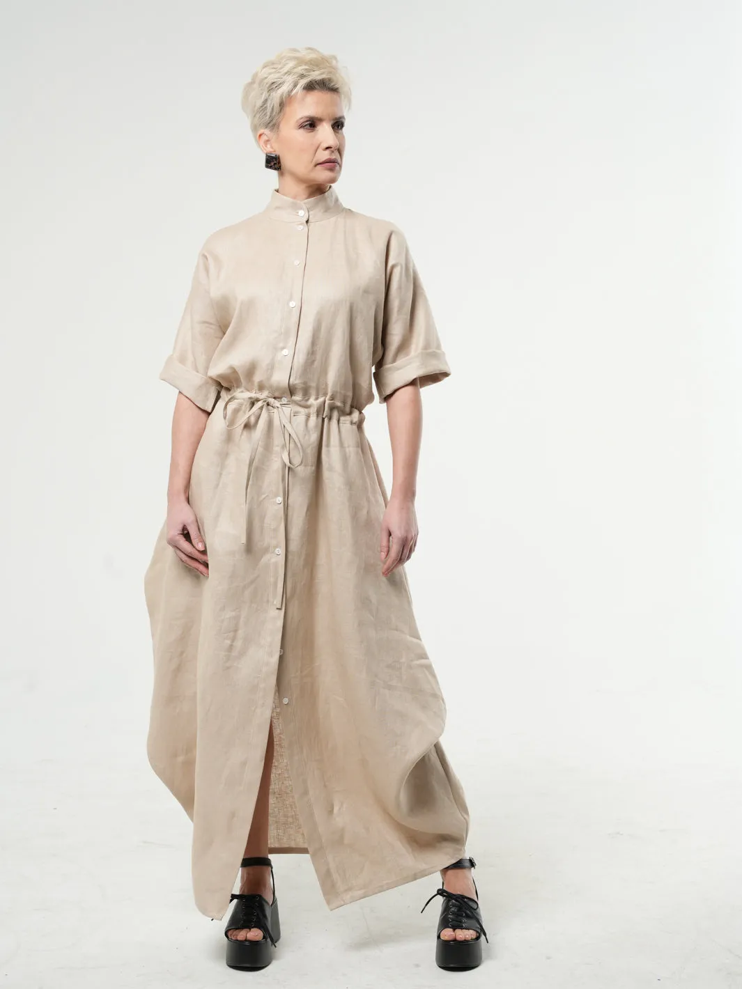 Long Linen Shirt Dress In Beige