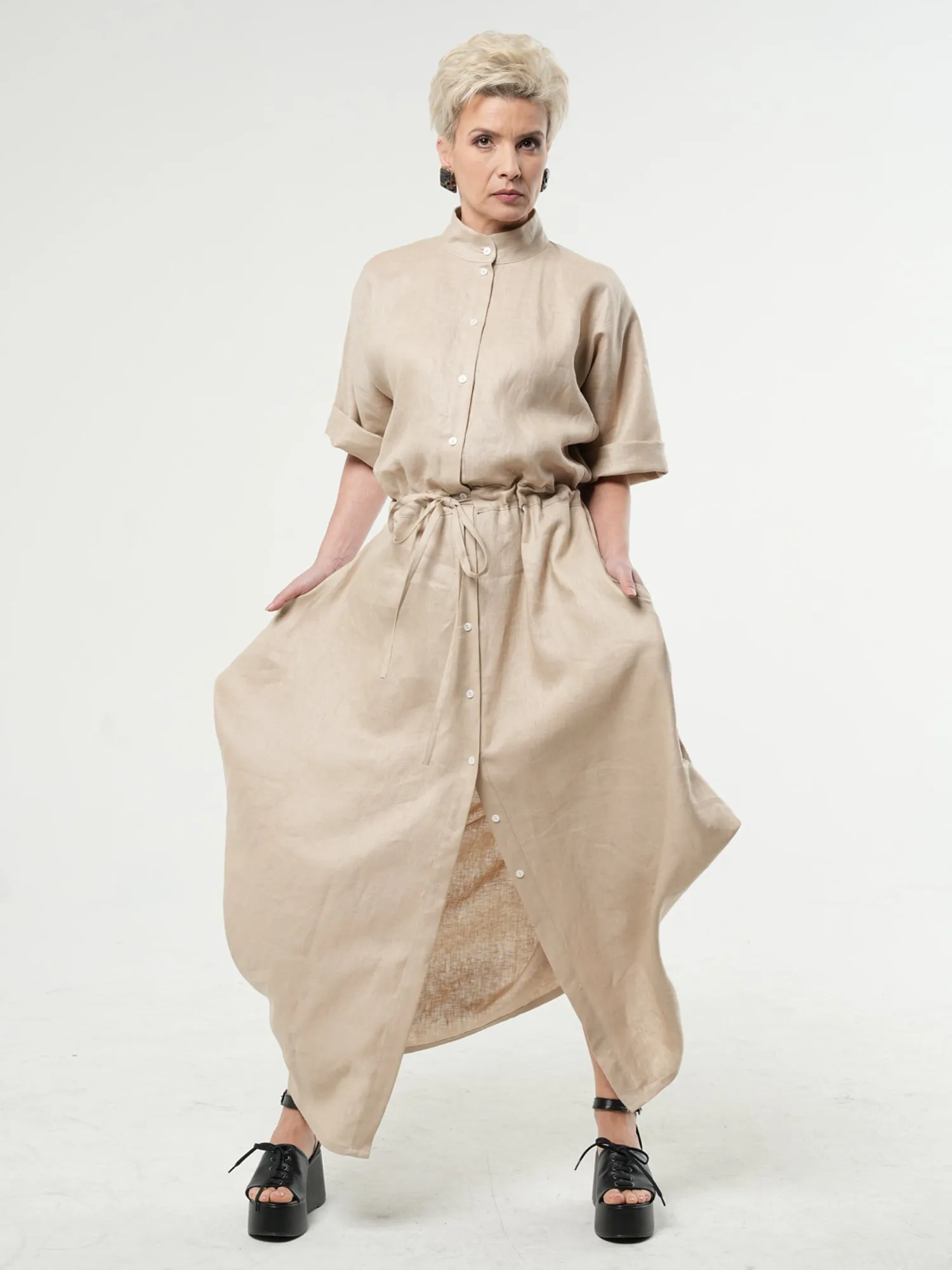 Long Linen Shirt Dress In Beige