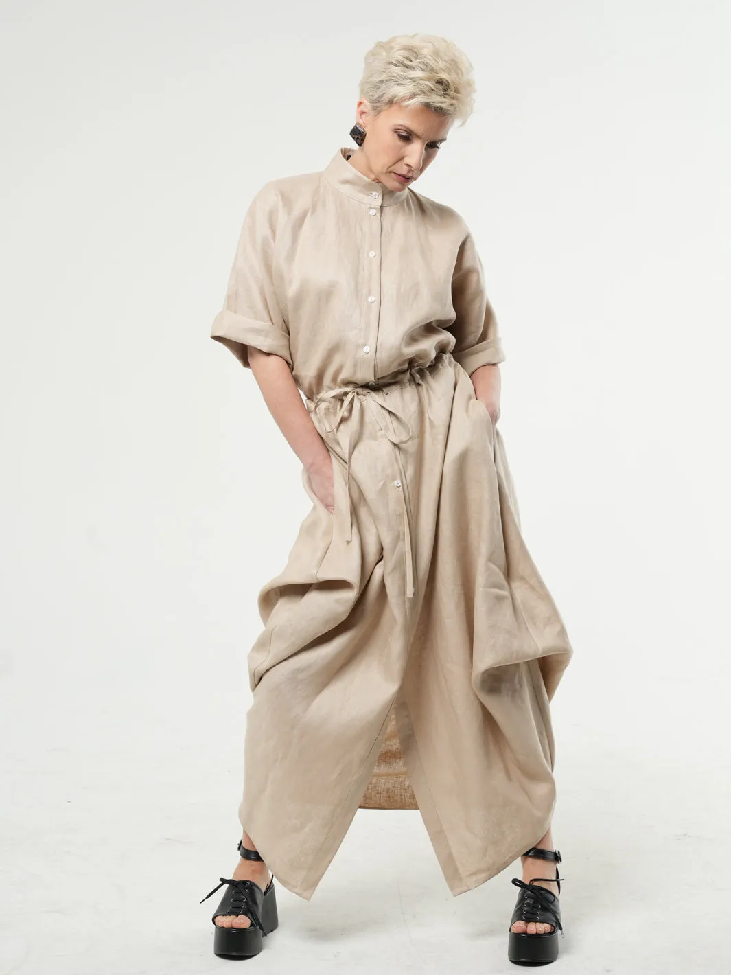 Long Linen Shirt Dress In Beige