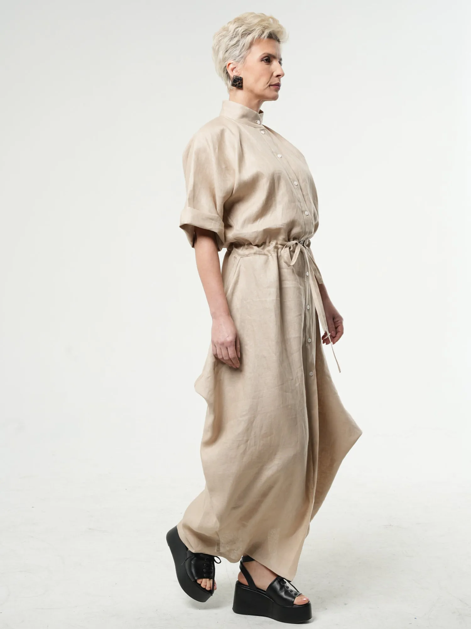 Long Linen Shirt Dress In Beige