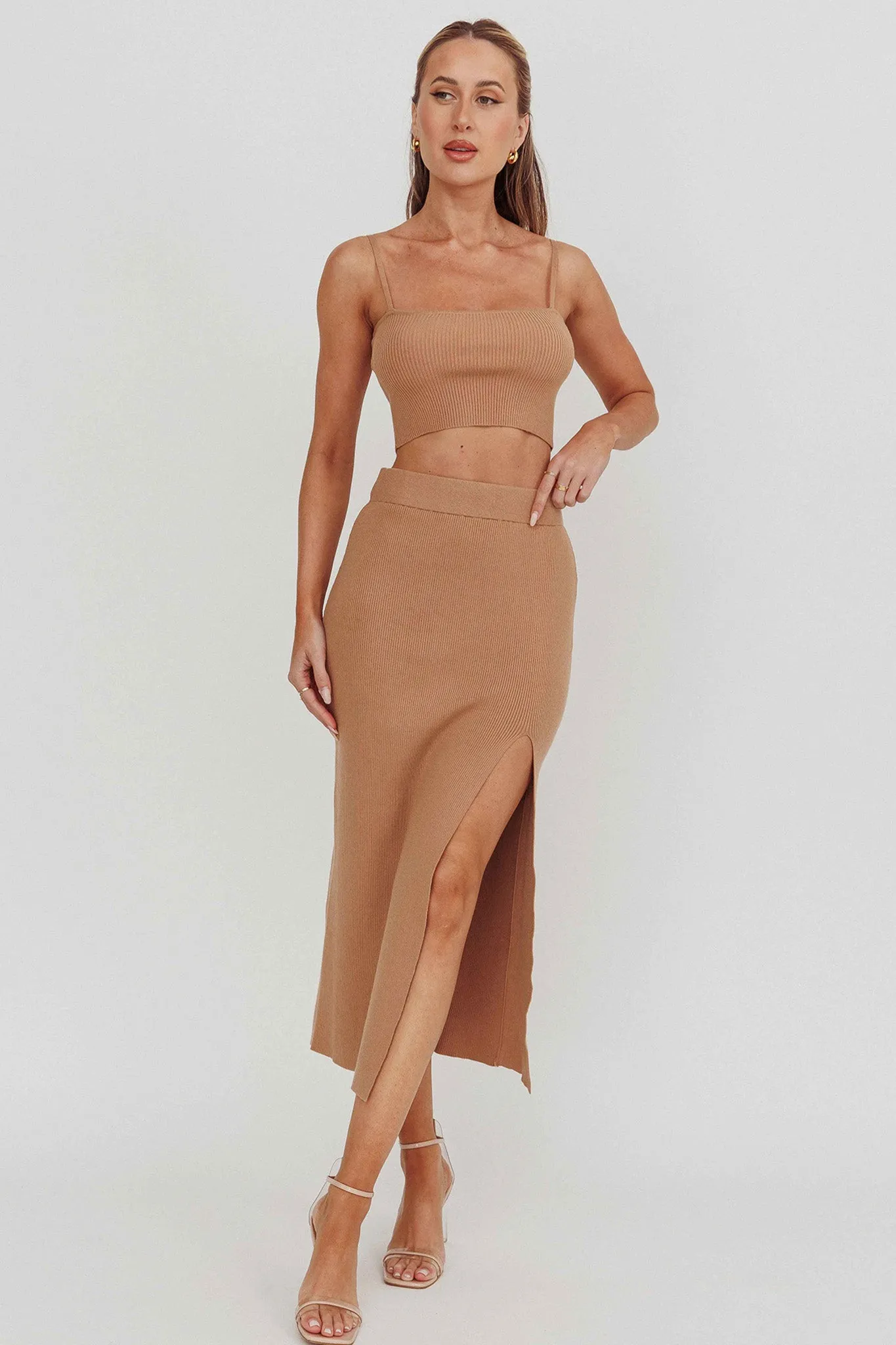 Loverboy Ribbed Midi Skirt Camel