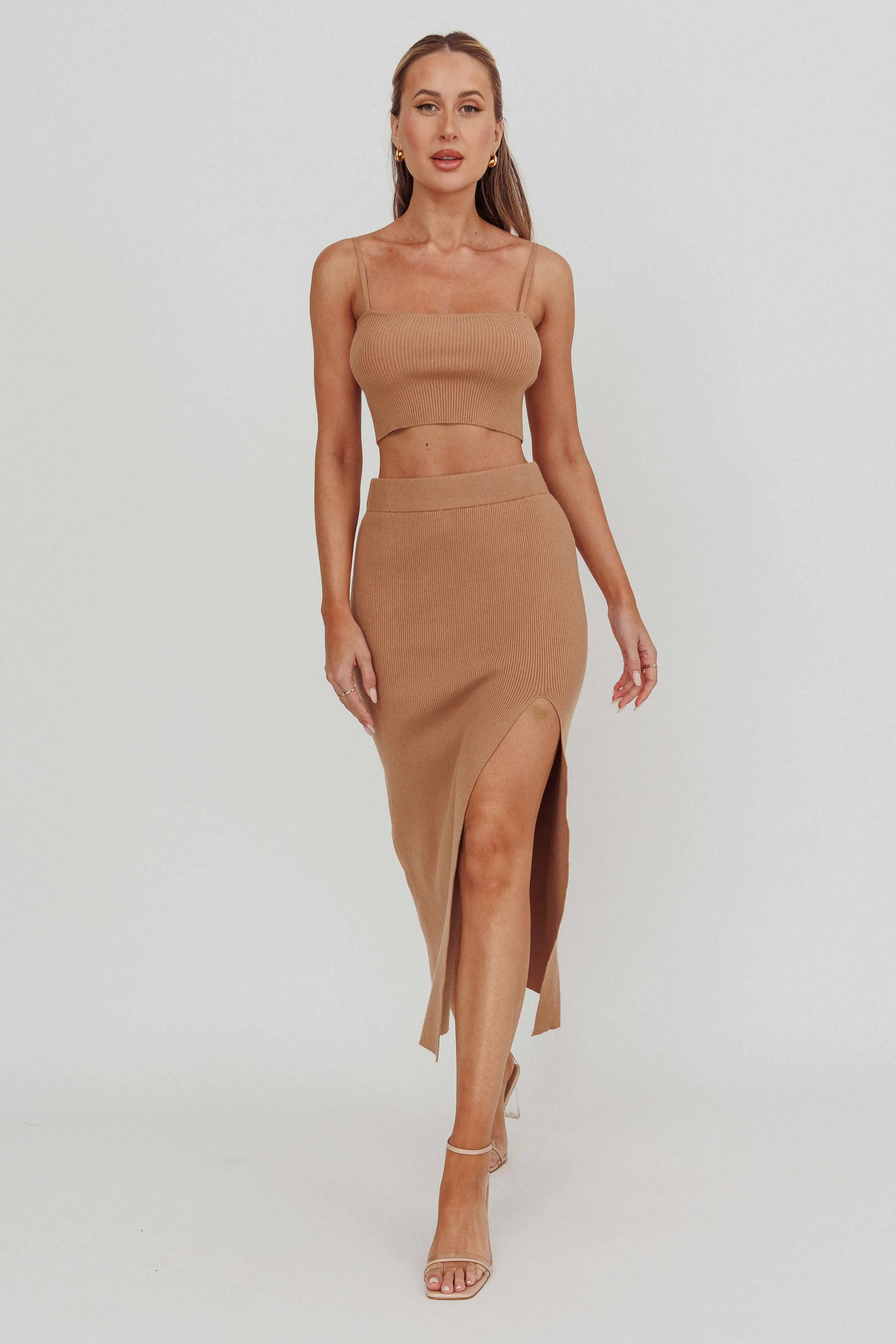 Loverboy Ribbed Midi Skirt Camel