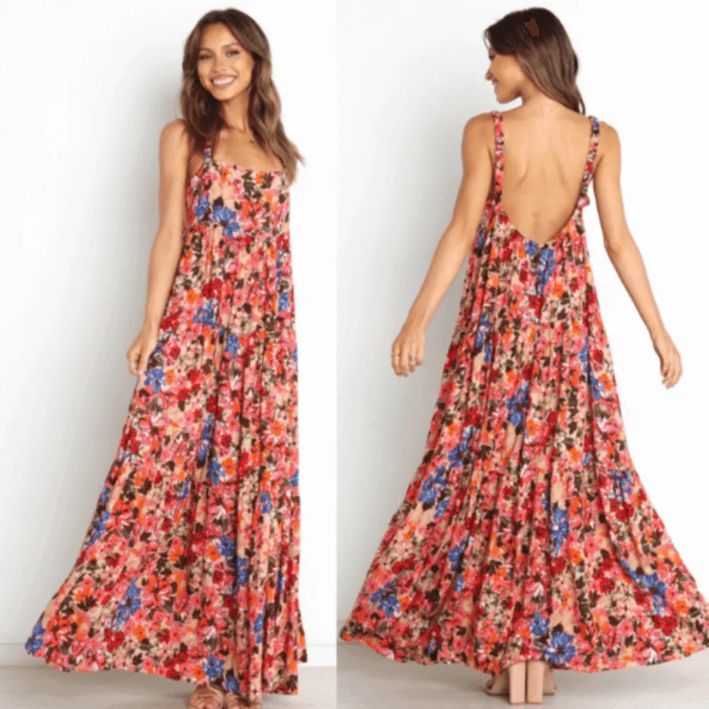 Low Back Floral Flowy Dress With Pockets