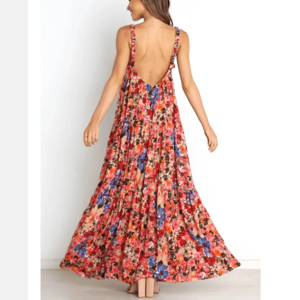 Low Back Floral Flowy Dress With Pockets