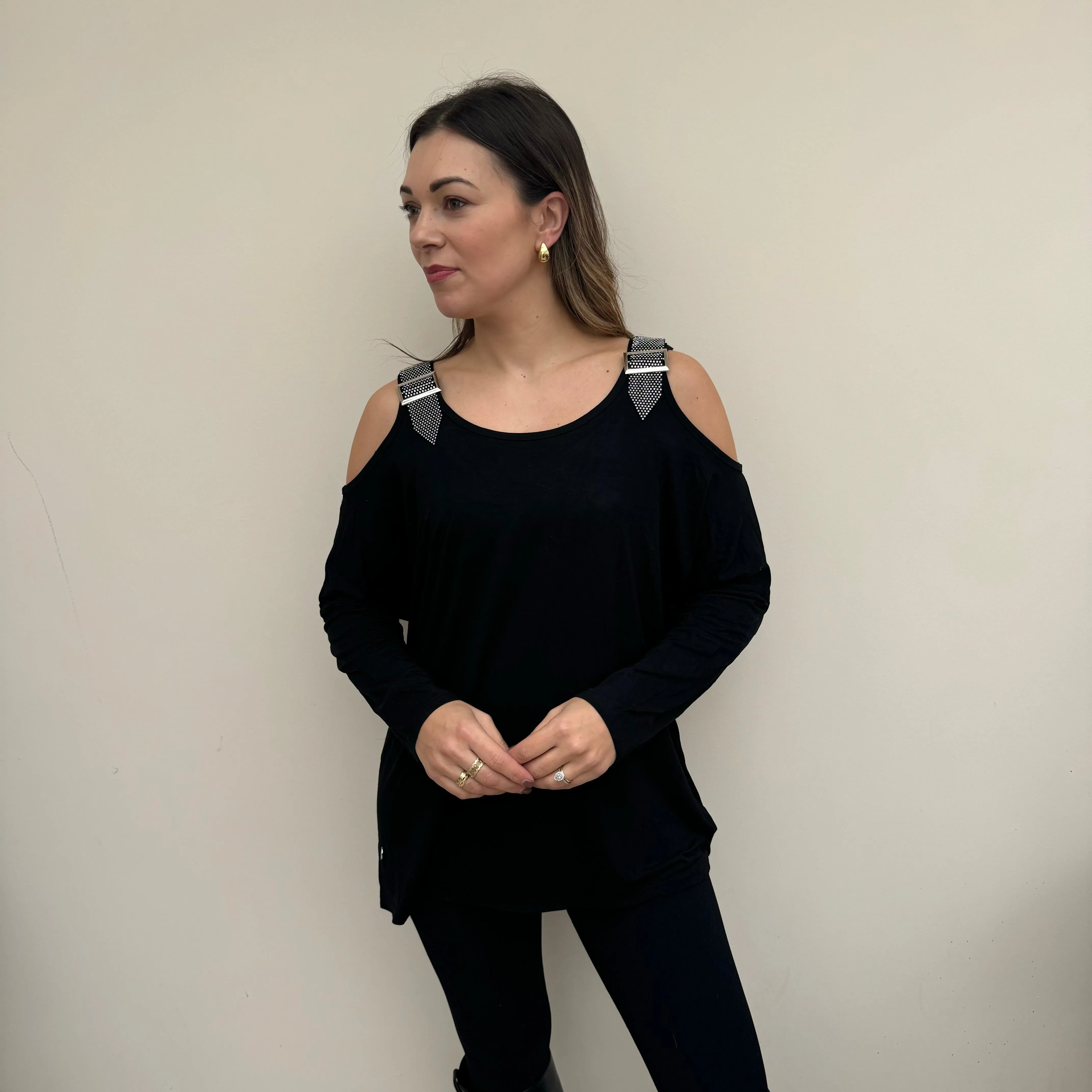 Malissa J Black Cold Shoulder Jumper with Buckle Detail