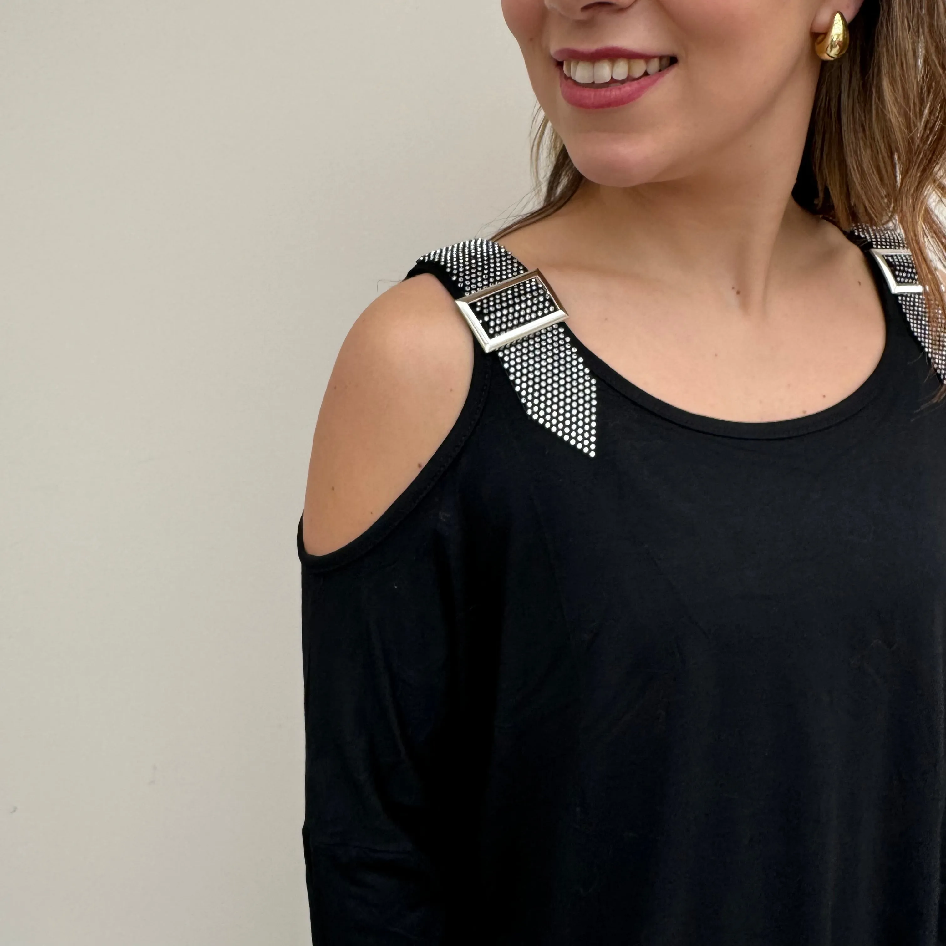 Malissa J Black Cold Shoulder Jumper with Buckle Detail