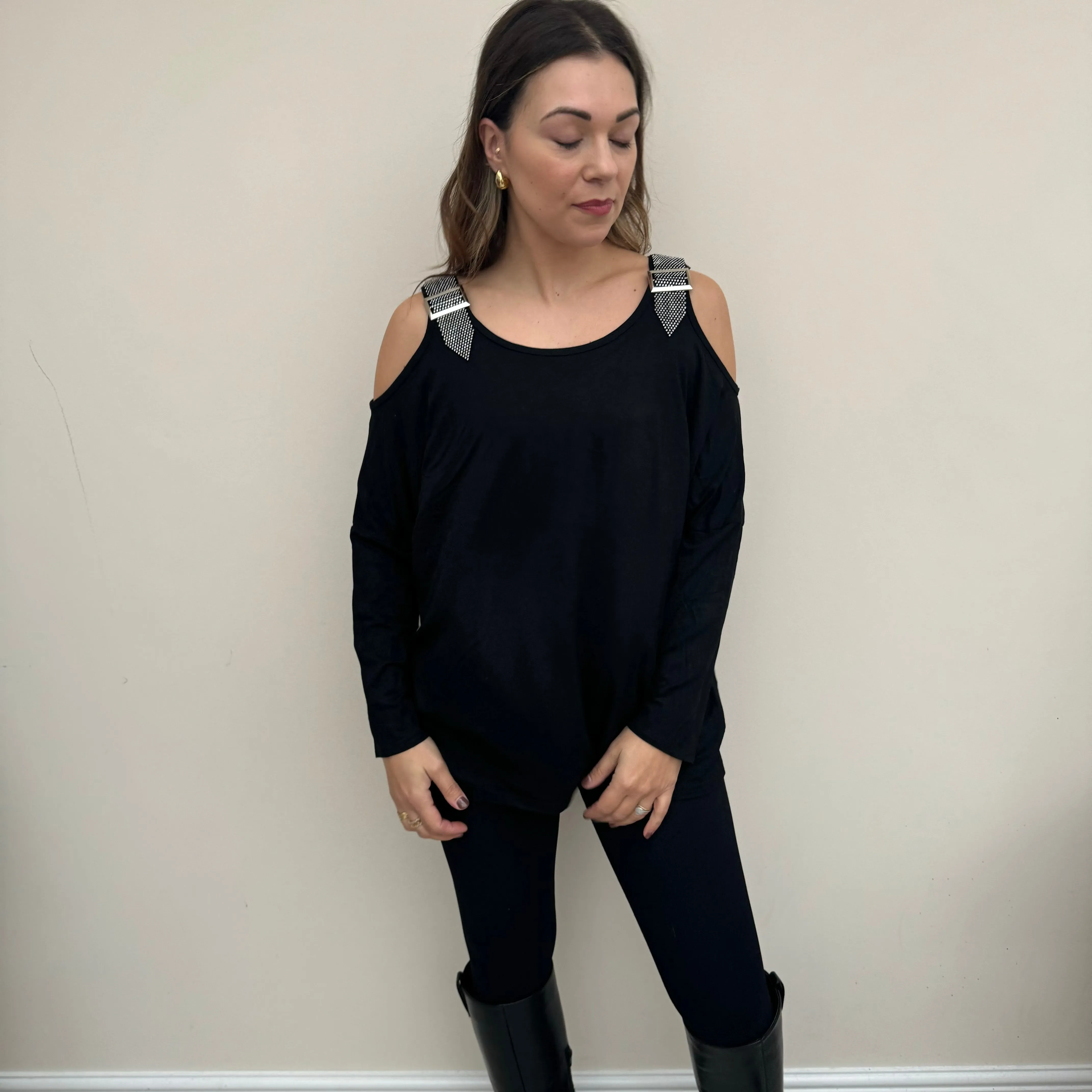 Malissa J Black Cold Shoulder Jumper with Buckle Detail