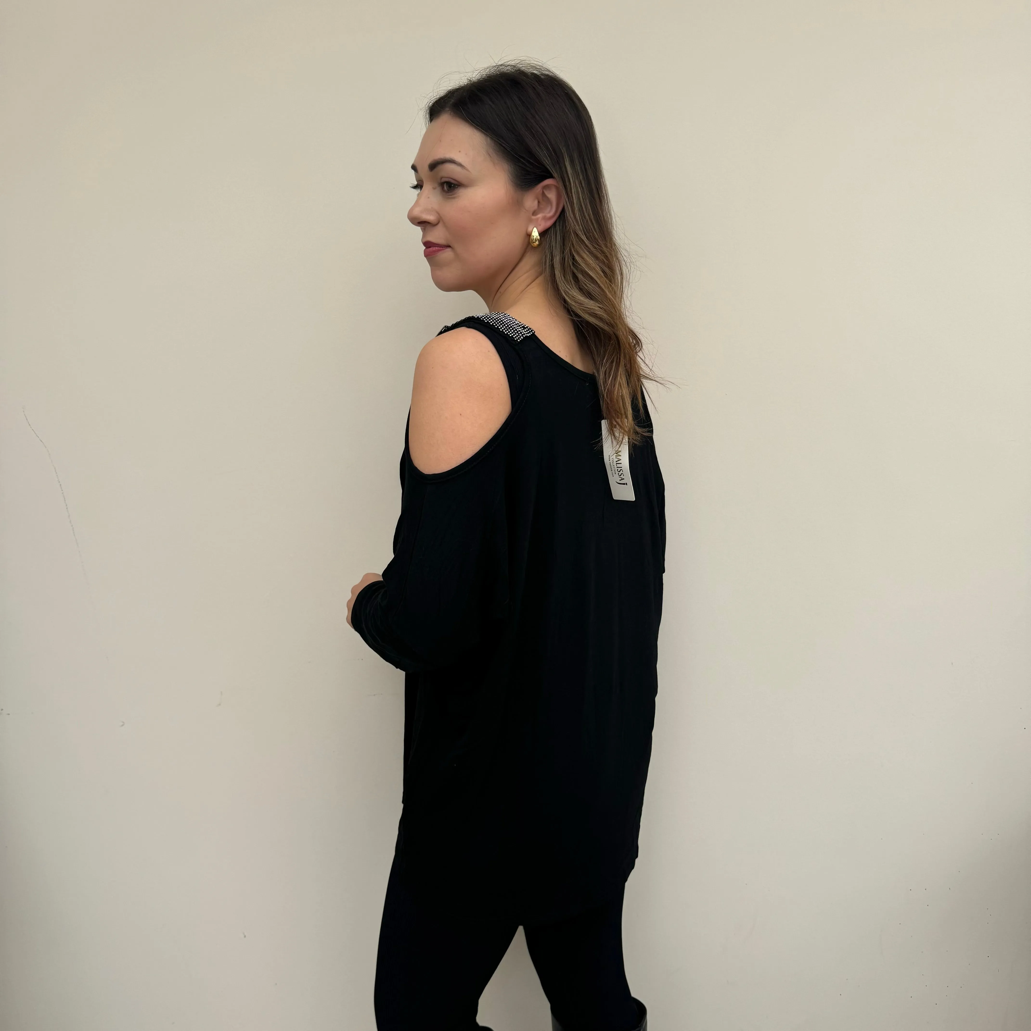 Malissa J Black Cold Shoulder Jumper with Buckle Detail