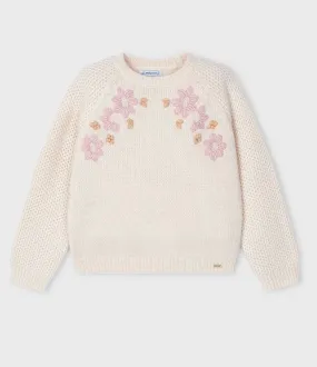 Mayoral - Natural Embroidered Flowers Sweater