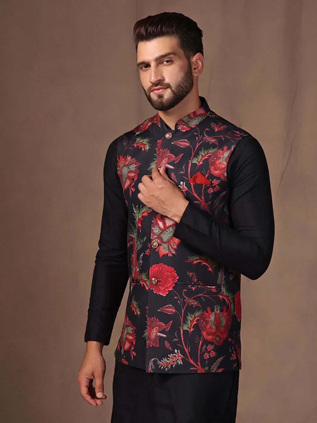 Men Black Printed Nehru Jacket