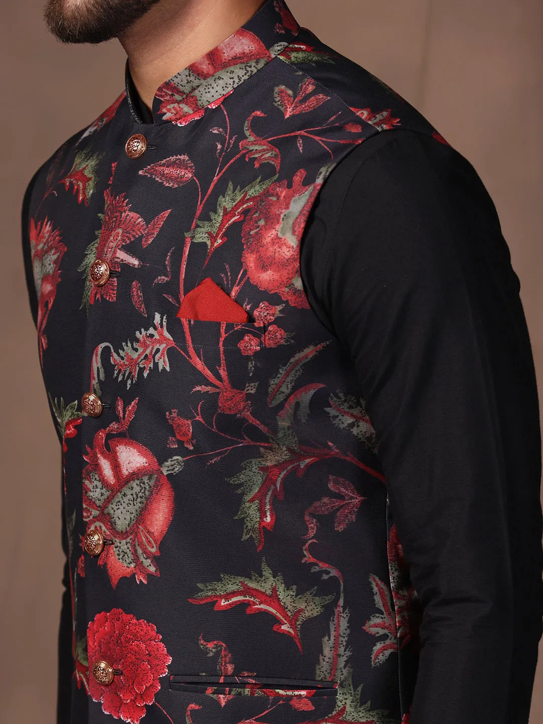 Men Black Printed Nehru Jacket