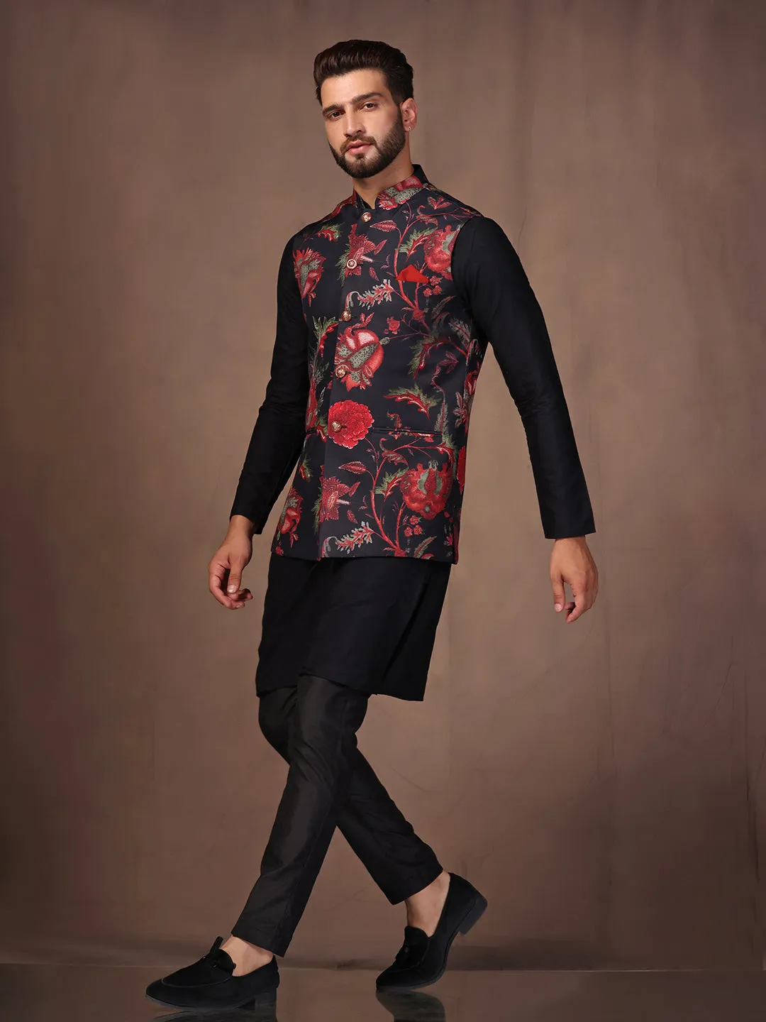 Men Black Printed Nehru Jacket