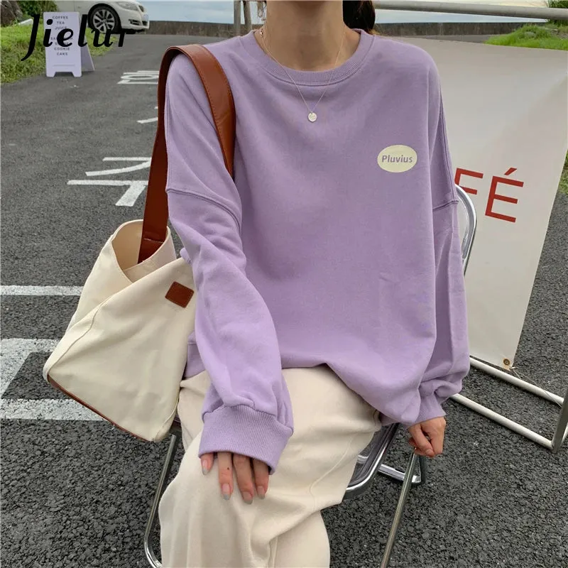 Metaversmall Autumn Style Korean Loose Long-sleeved Letter Printed O-neck Sweatshirt Women Leisure Oatmeal Hoodies Young Pullovers