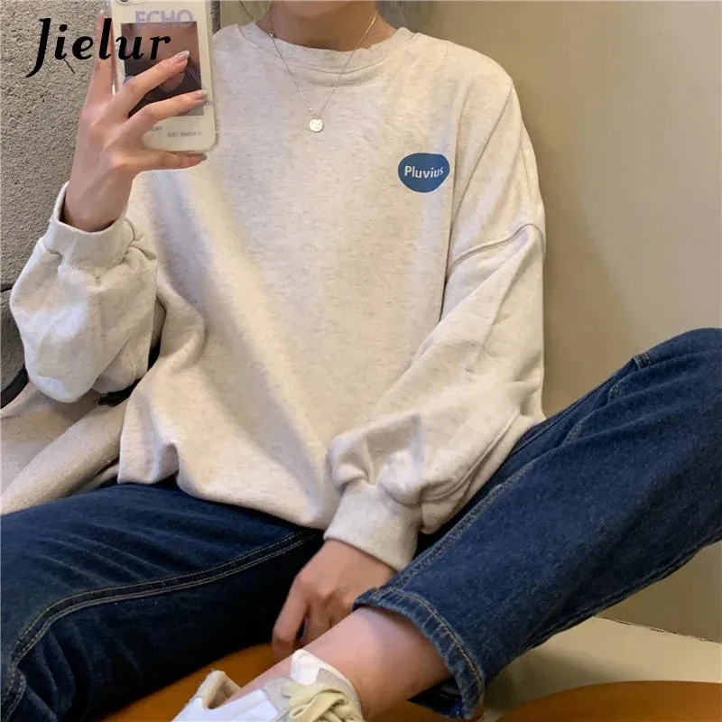 Metaversmall Autumn Style Korean Loose Long-sleeved Letter Printed O-neck Sweatshirt Women Leisure Oatmeal Hoodies Young Pullovers