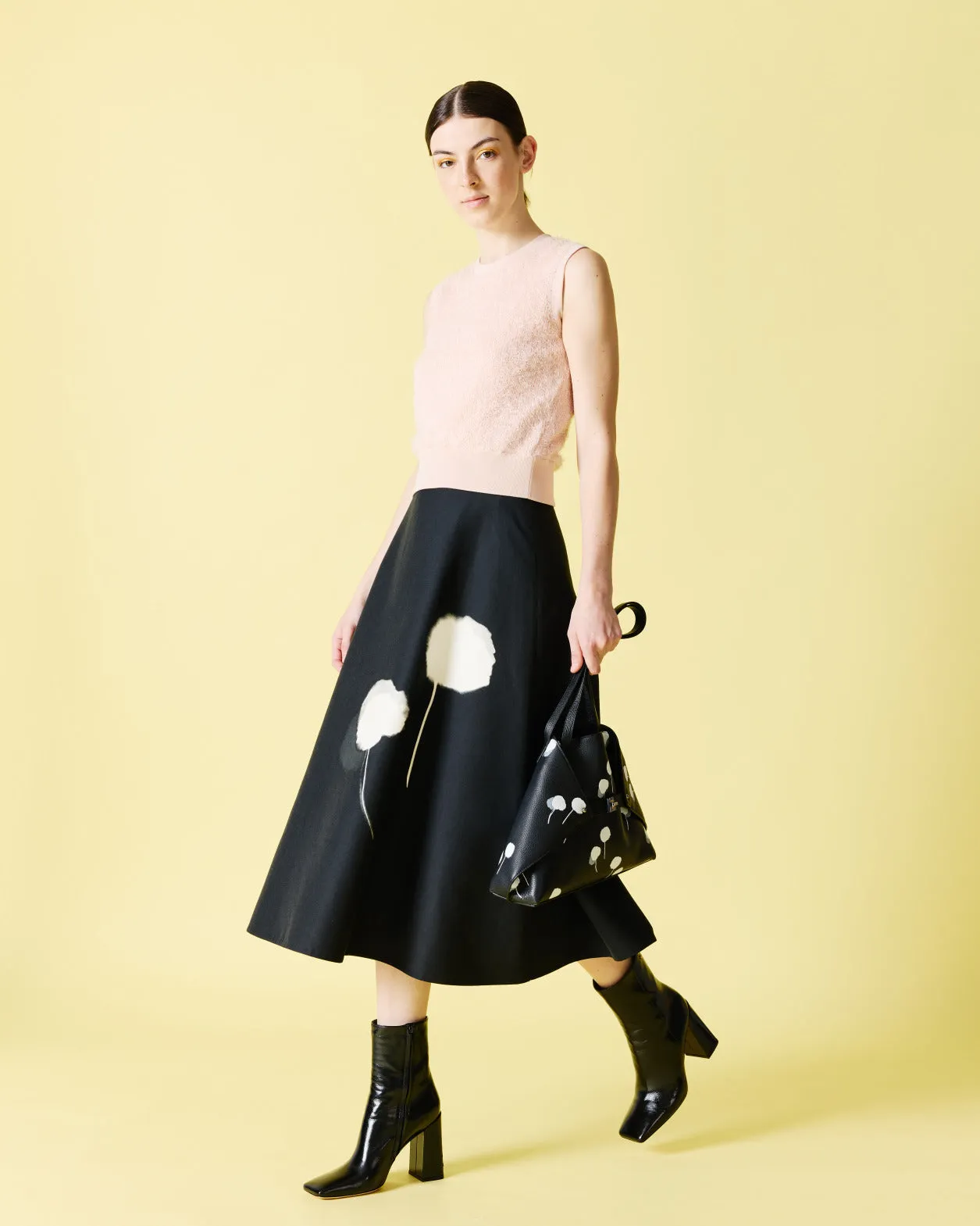 Midi Skirt in Cotton Silk Double-Face with Dandelion Print