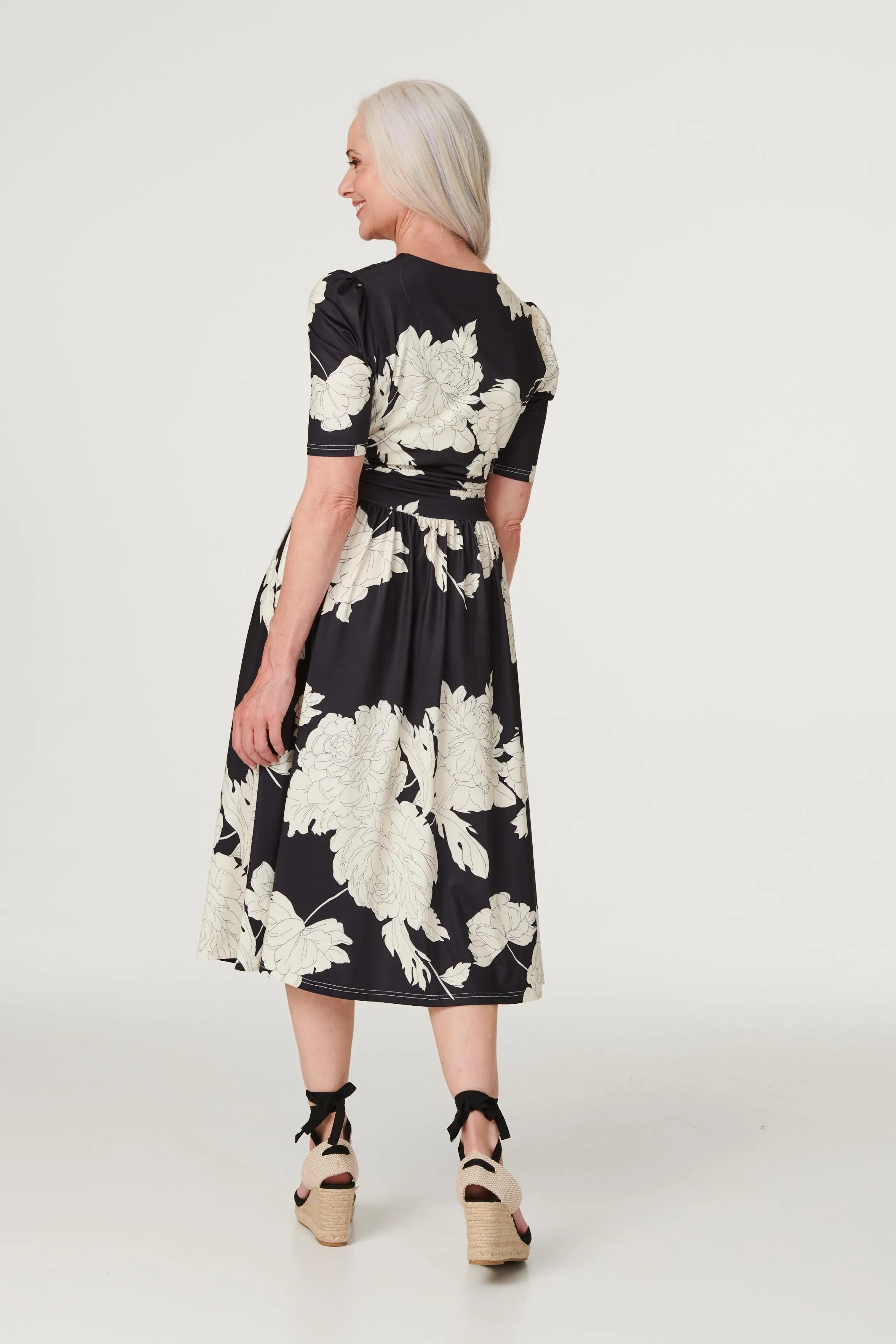 Monochrome Floral Ruched Waist Dress