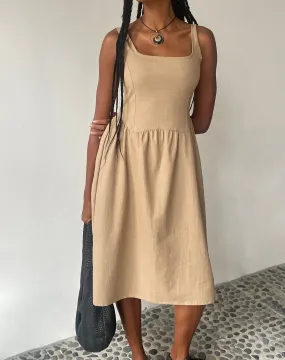 MOTEL X JACQUIE Pelove Drop Waist Midi Dress in Light Taupe