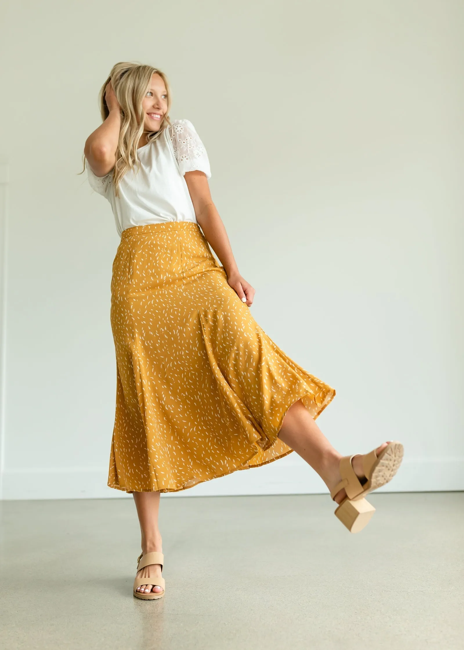 Mustard Flare Printed Midi Skirt