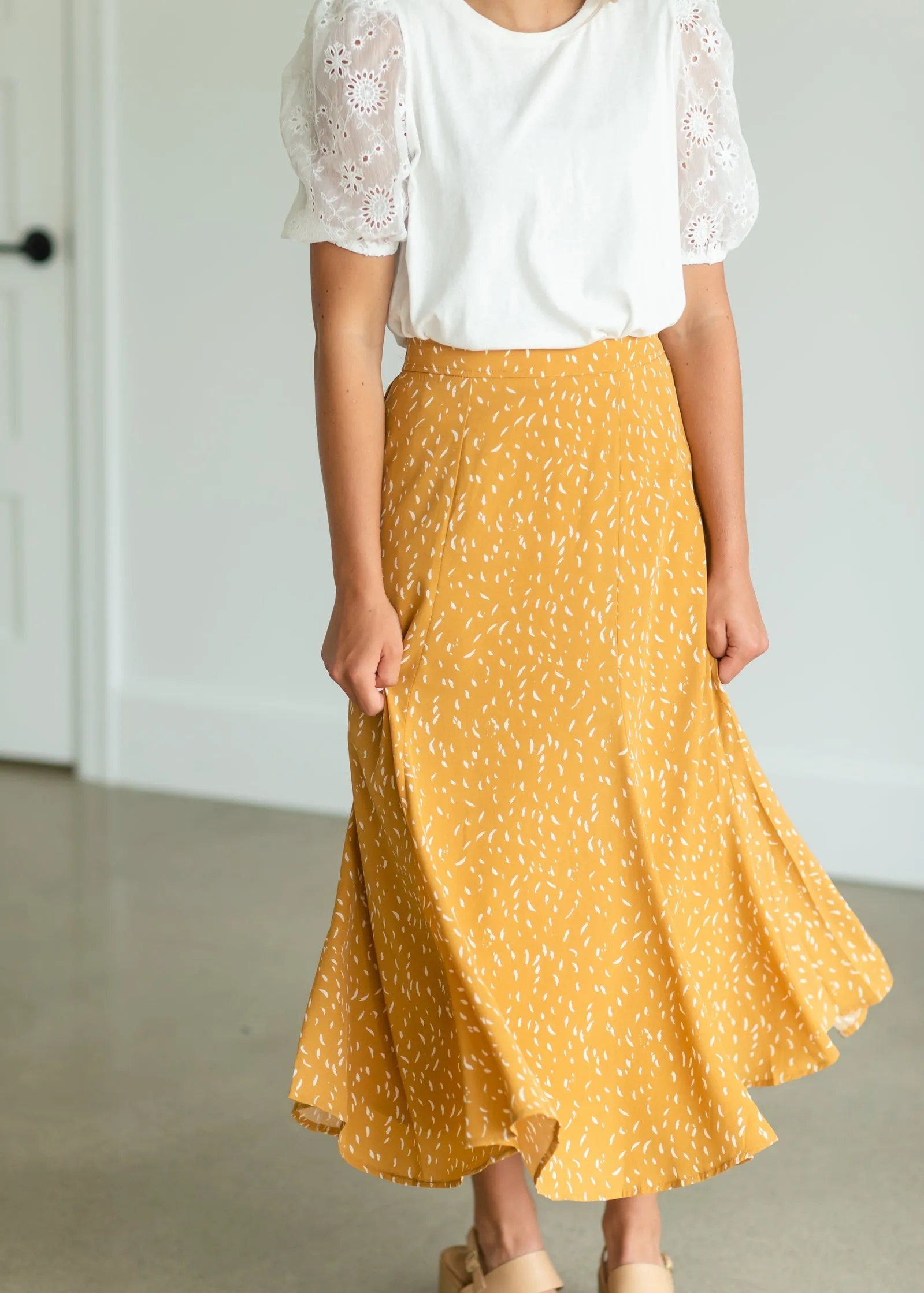 Mustard Flare Printed Midi Skirt