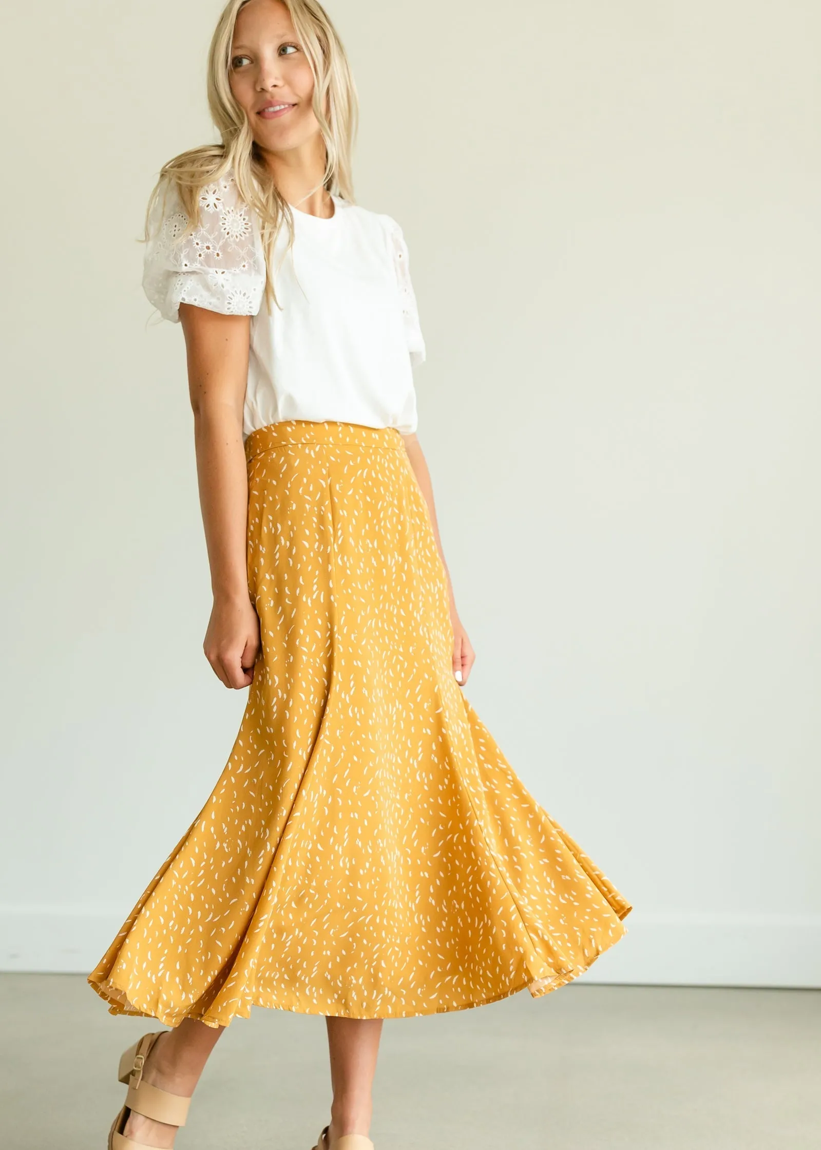 Mustard Flare Printed Midi Skirt