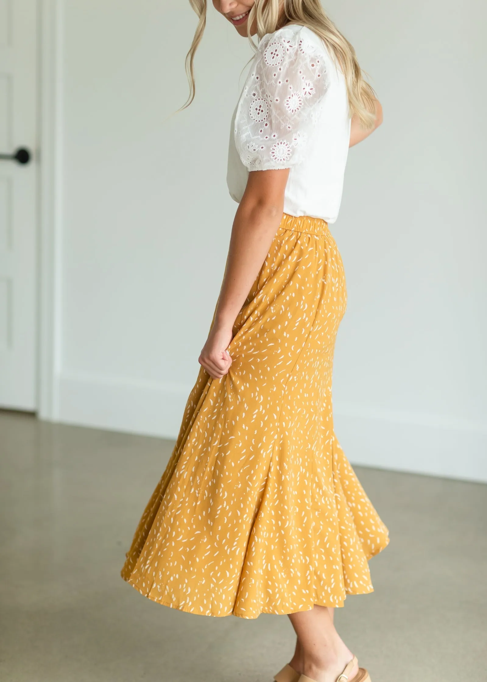 Mustard Flare Printed Midi Skirt