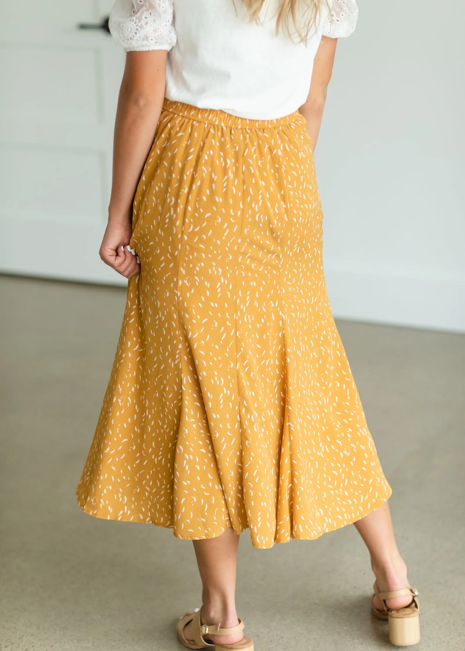 Mustard Flare Printed Midi Skirt