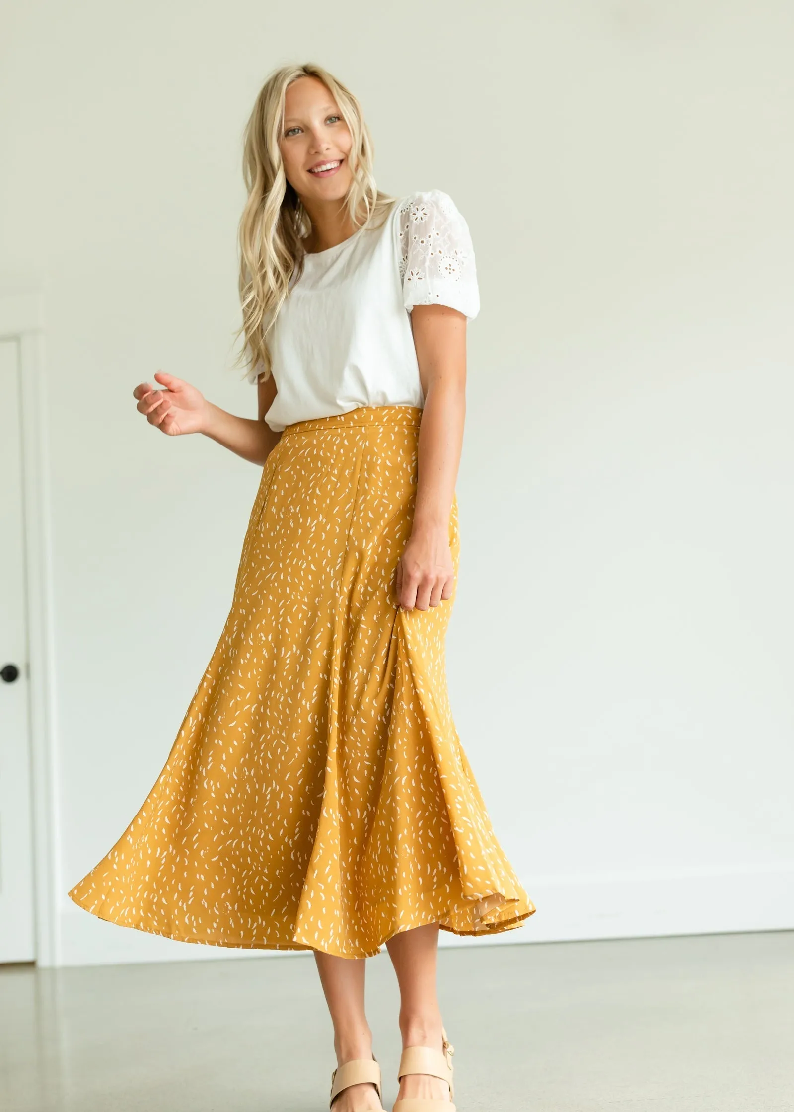 Mustard Flare Printed Midi Skirt