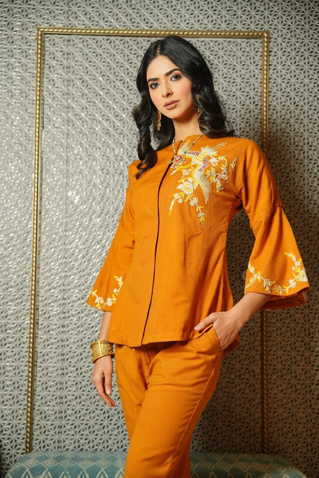 Mustard Yellow Wool Parsi Embroidered Co-ord