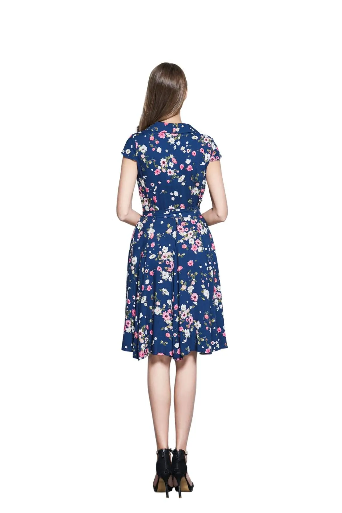 Navy Shawl Collared Wrap Dress with Pink Anemone and White Daisy Flowers and Pockets