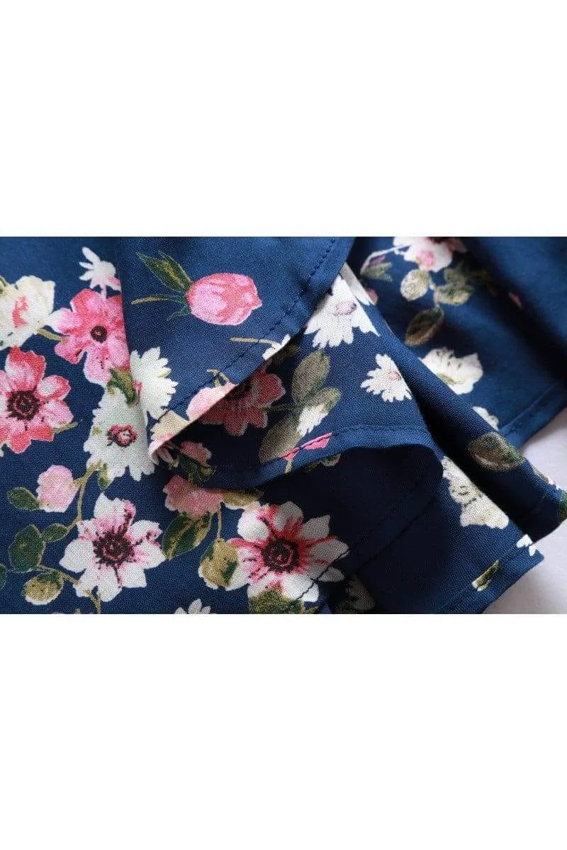 Navy Shawl Collared Wrap Dress with Pink Anemone and White Daisy Flowers and Pockets