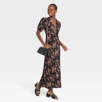 New - Women's Crepe Short Sleeve Midi Dress - A New Day Black/Brown Floral S