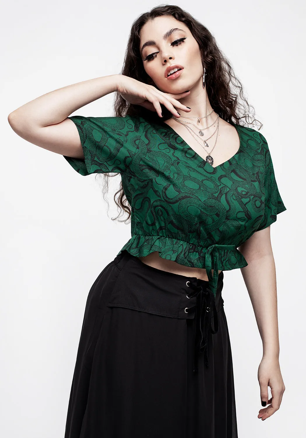 Ophidia Snake Print Tie Detail Crop Top - Green