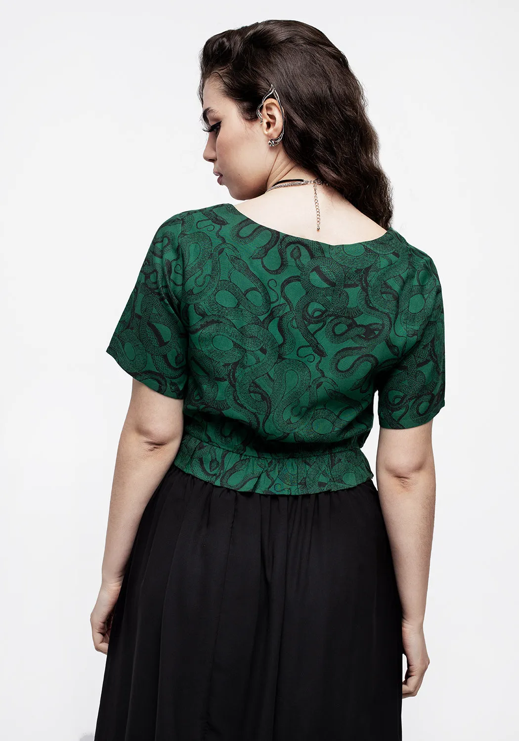 Ophidia Snake Print Tie Detail Crop Top - Green