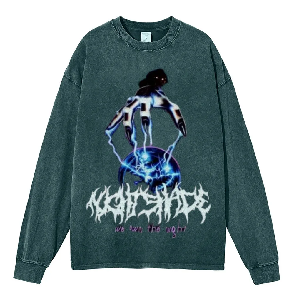 Oversized Vintage Washed Gothic Metal Graphic Sweatshirt