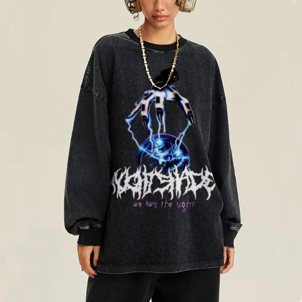 Oversized Vintage Washed Gothic Metal Graphic Sweatshirt