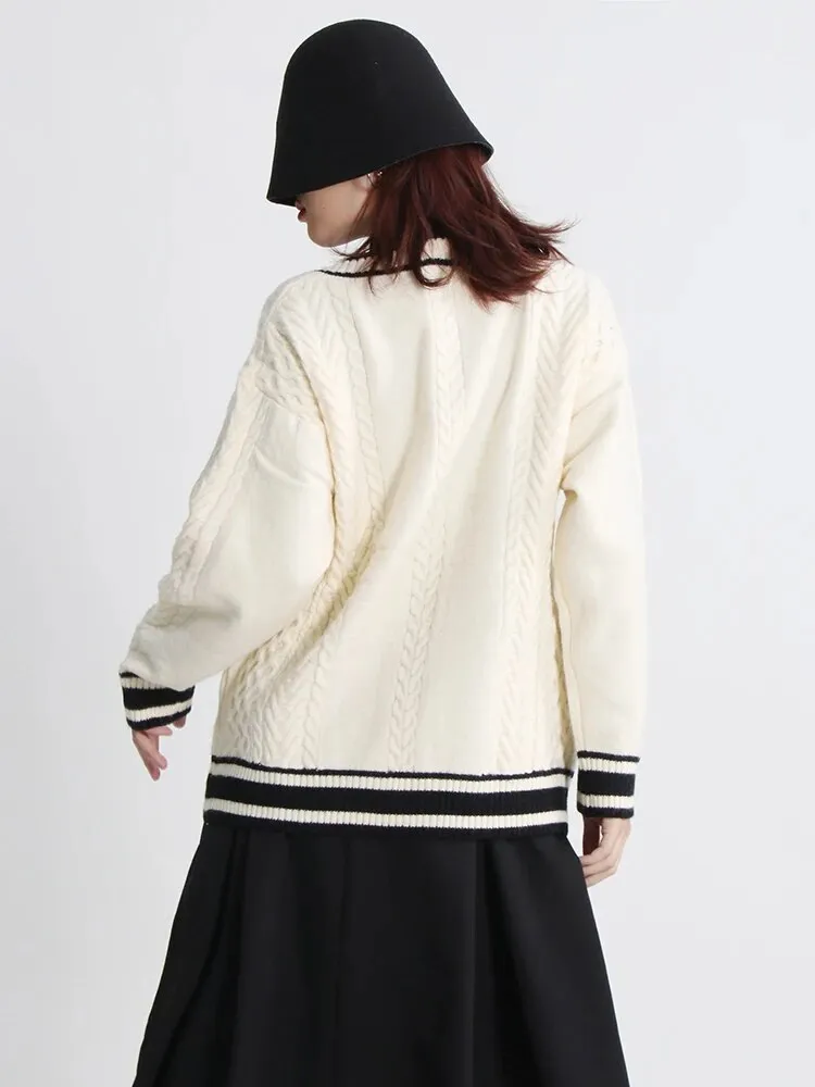 Patchwork Colorblock Knitting Sweater For Women Peter Pan Collar Long Sleeve Single Breasted Cardigan Female Style