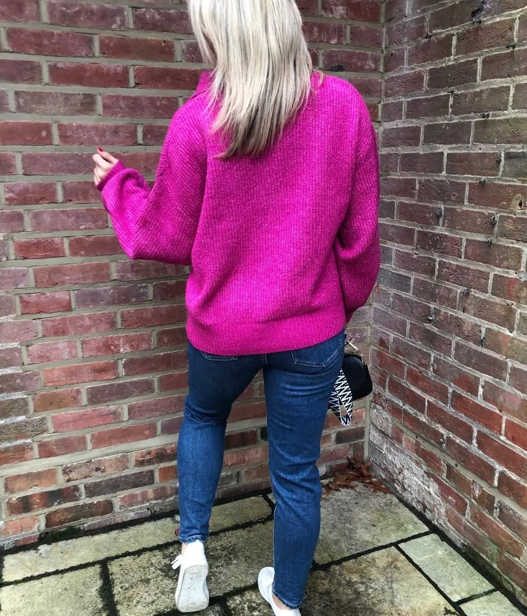 Pink Notch Neck Collared Jumper