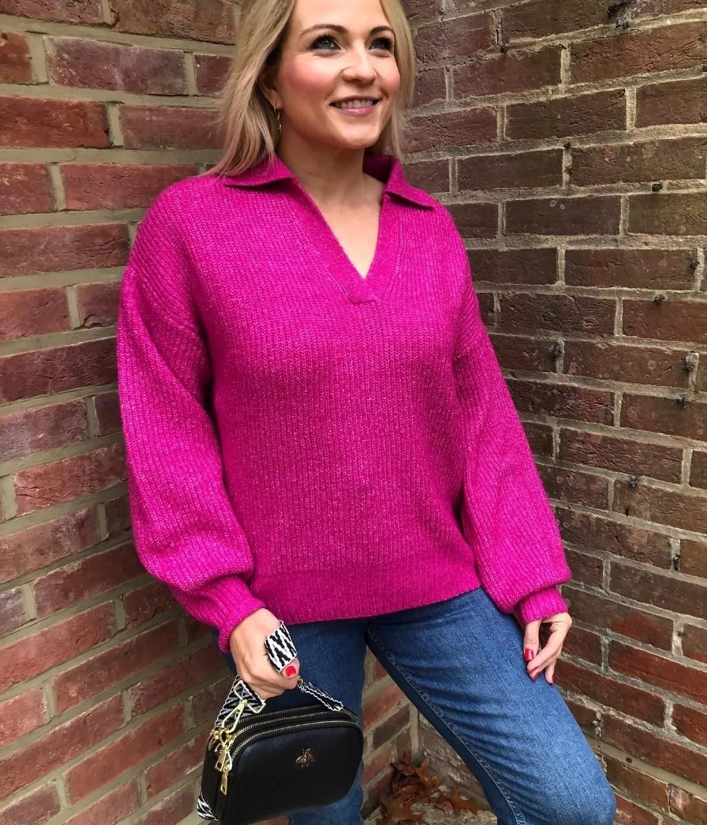 Pink Notch Neck Collared Jumper