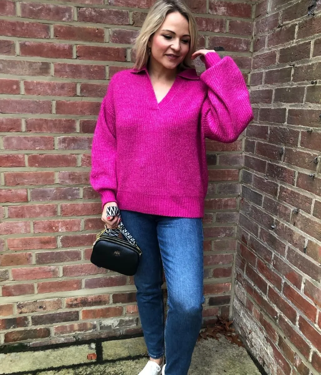 Pink Notch Neck Collared Jumper