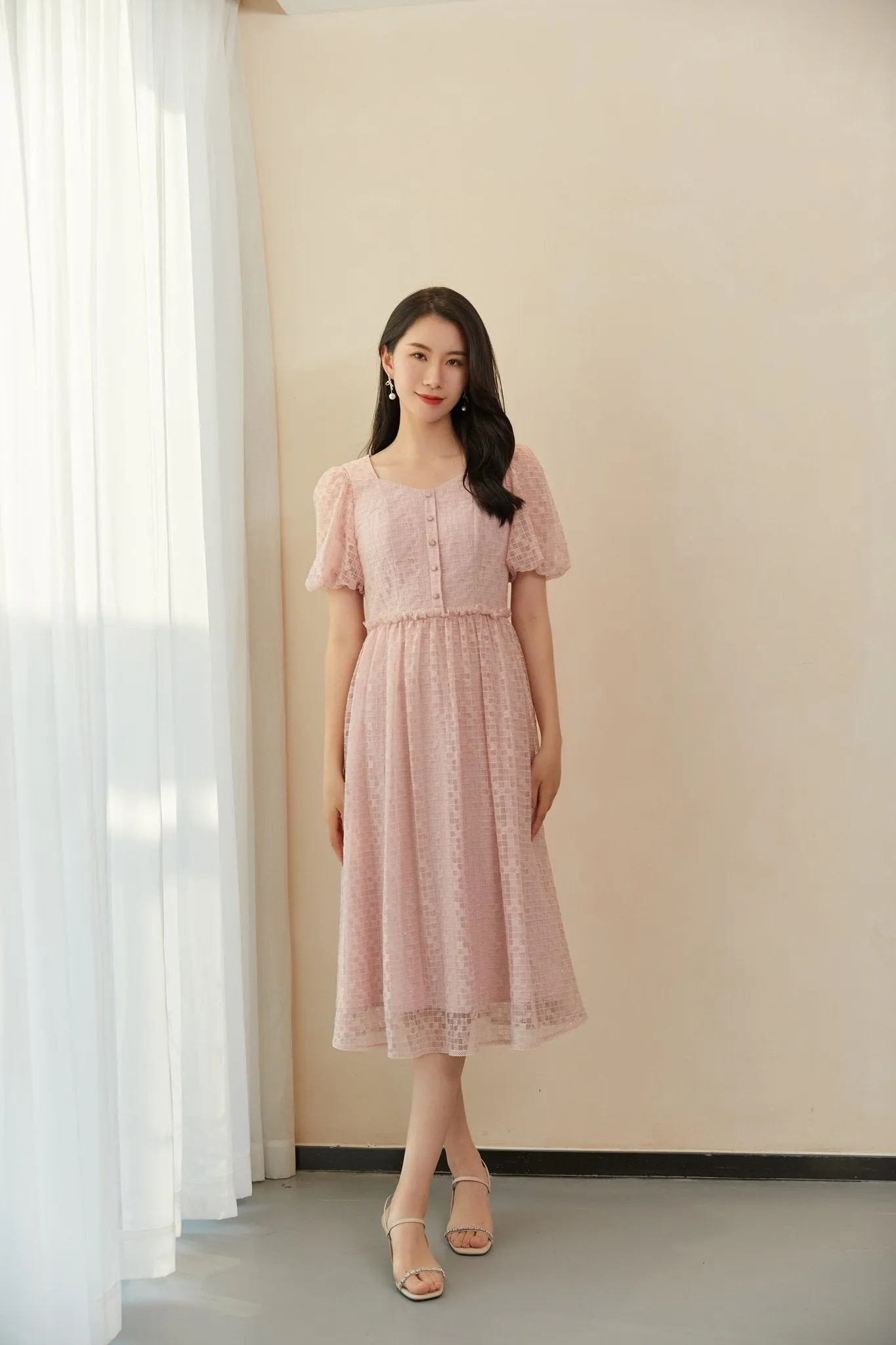 Pink Puff Sleeves Lace Midi Dress